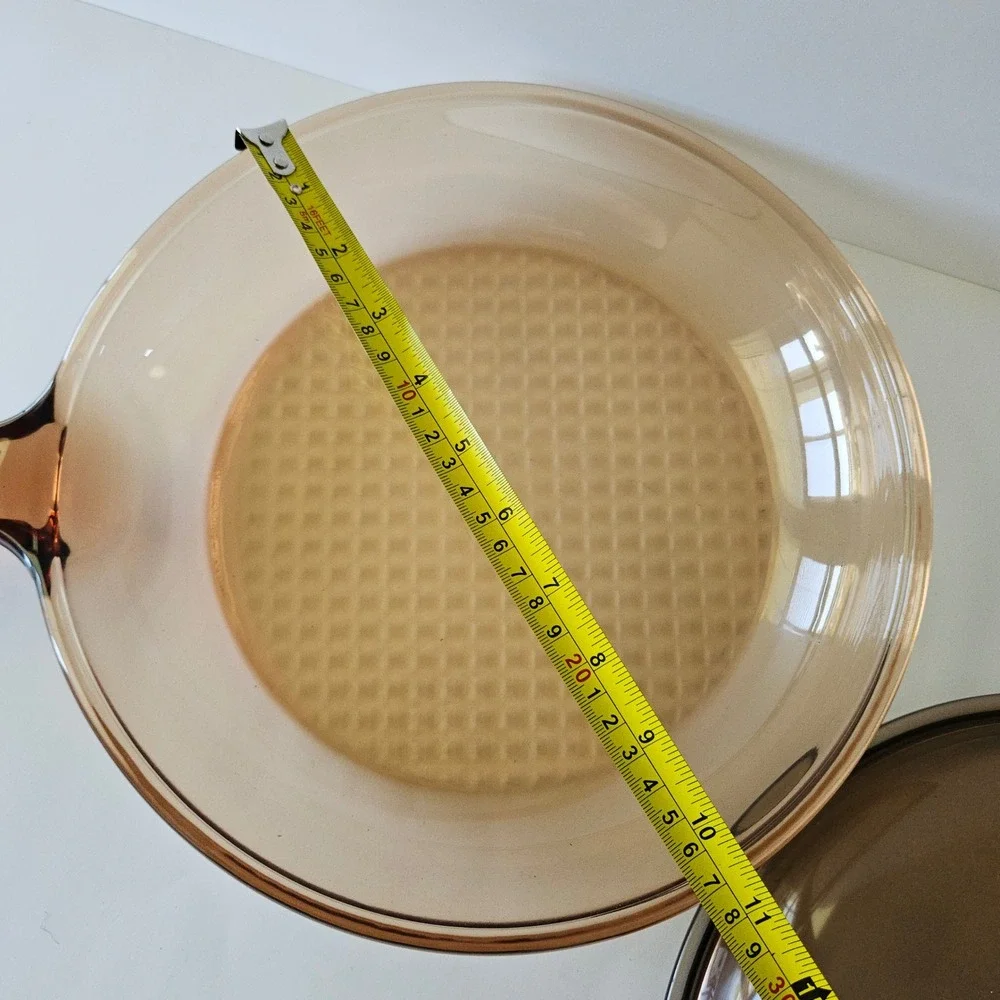 Vtg Corning Vision Ware Waffle Bottom 10in Frying Pan Skillet w Lid Amber Glass